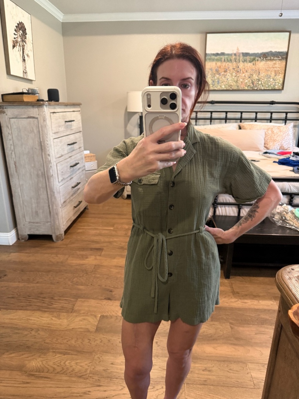 Madewell Olive Green Utility Romper | Button Front | Tie Waist | Short Sleeve